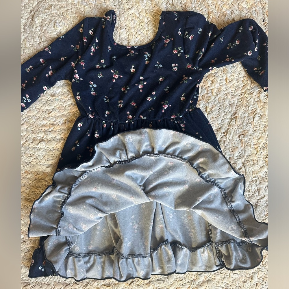 Zunie Navy Blue Floral Twirl Long Sleeves Dress ruffled hem cinched waist EUC - Picture 6 of 6